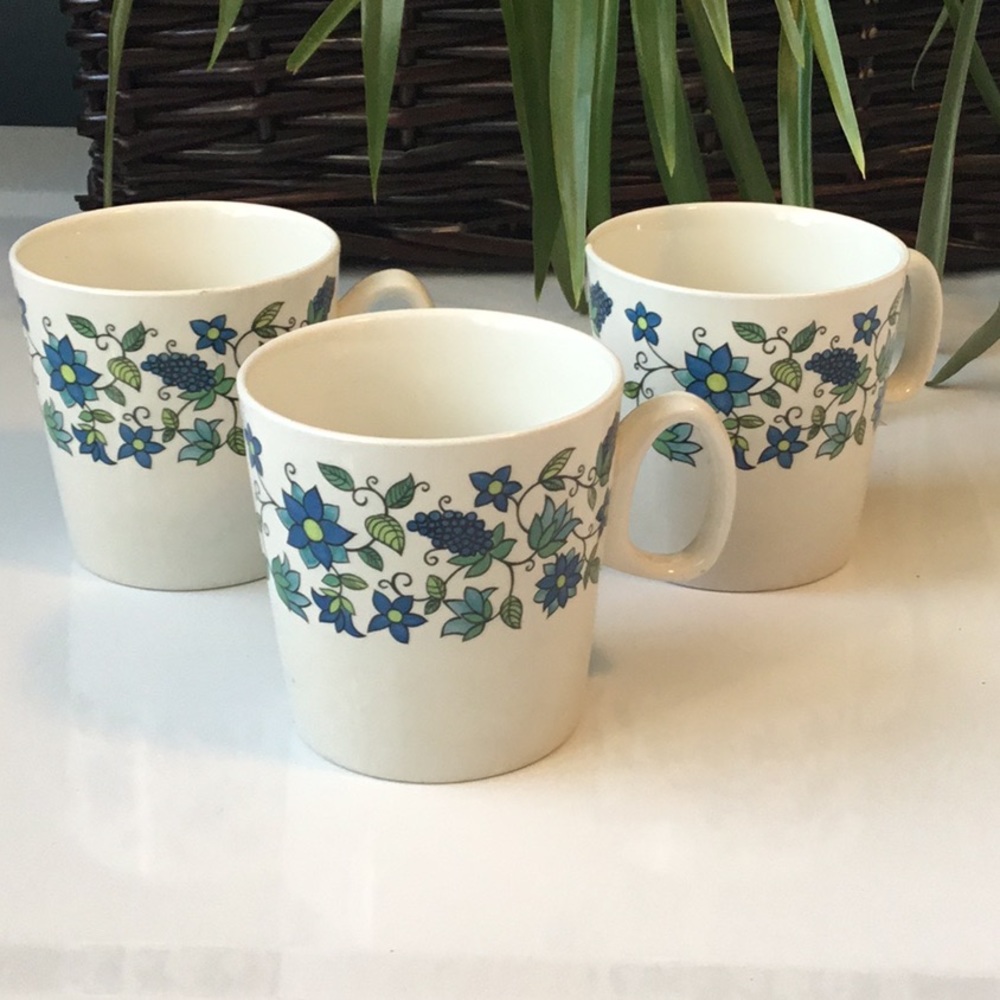 Set of 3 Made in England Green and Blue Flowered Mugs, stackable.